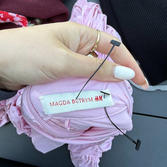 H&M Magda Butrym Bodycon Crepe Mini Dress Mock Neck Rose Appliqué Stretch Jersey - Picture 3 of 11